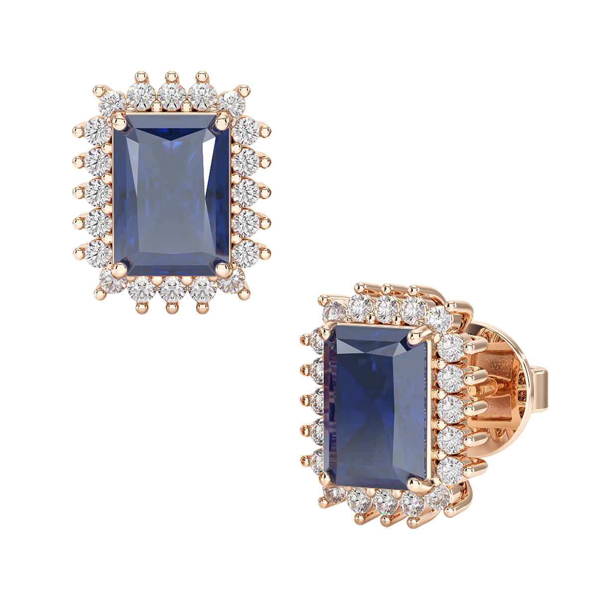 Rectangular Blue Sapphire Sunburst Earrings in rose gold, front & side view