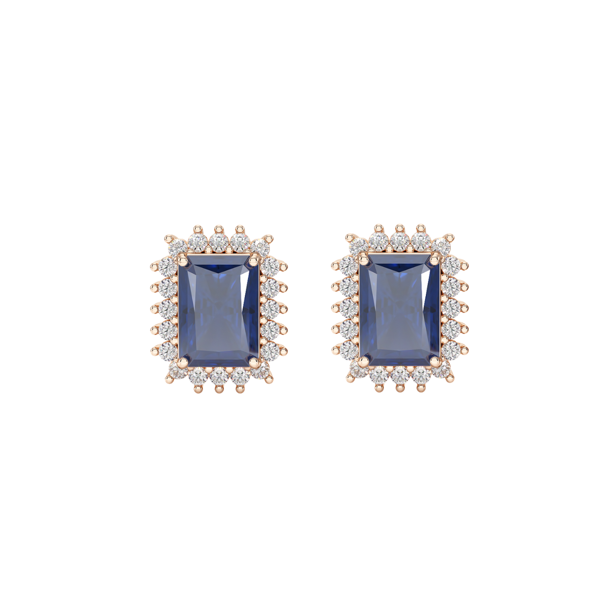 Rectangular Blue Sapphire Sunburst Earrings in rose gold, front view