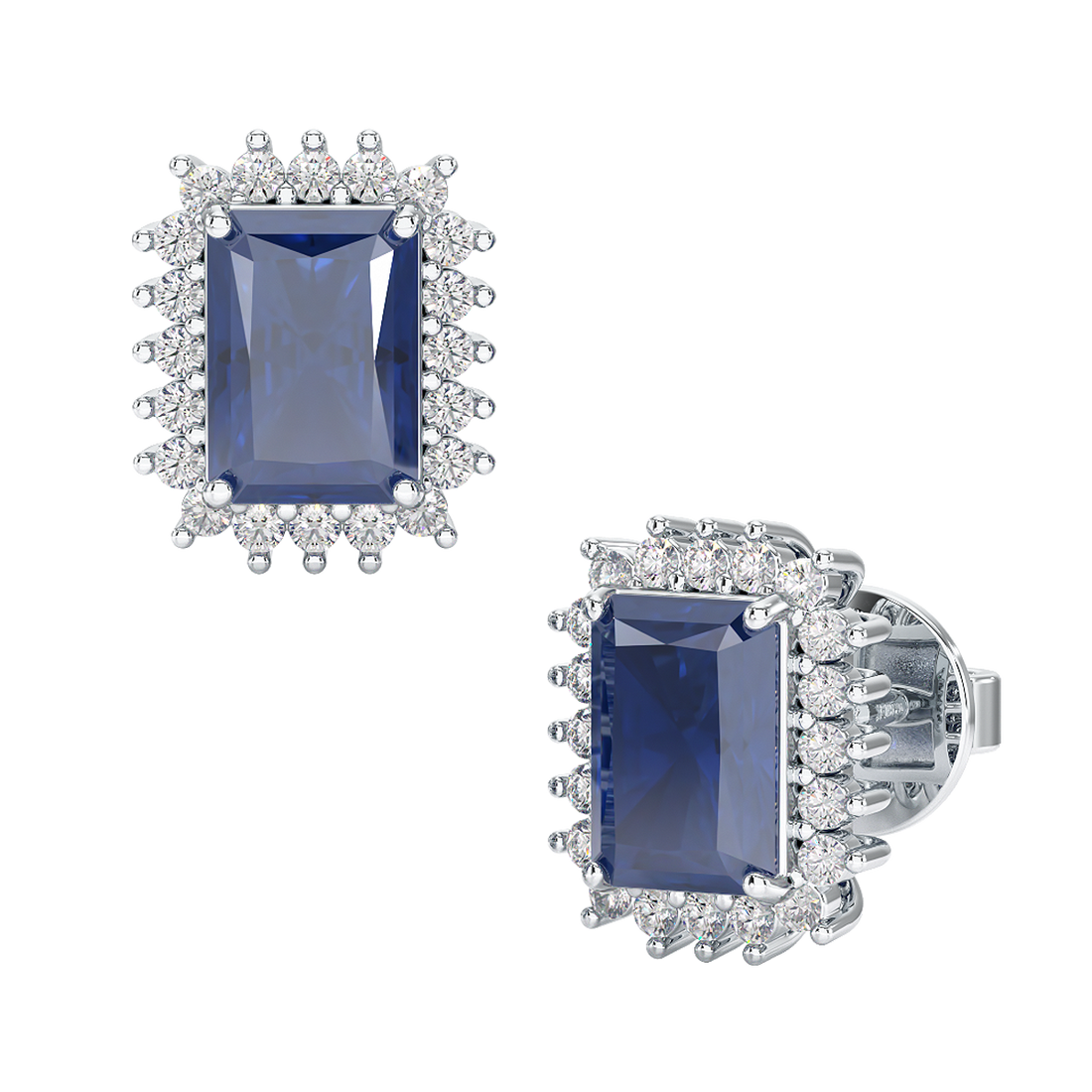 Rectangle Blue Sapphire Sunburst Earrings White Gold Platinum Front & Side View