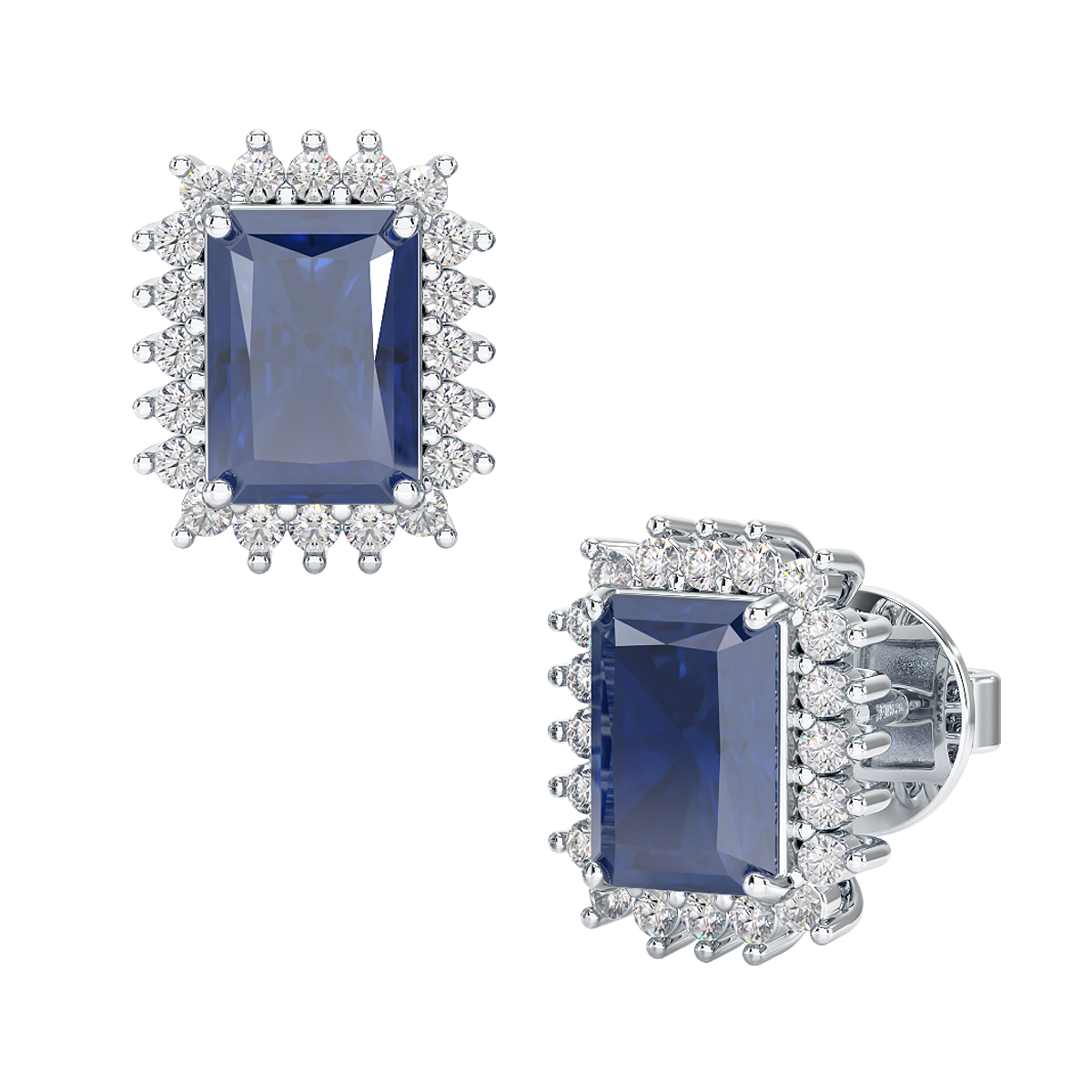Rectangular Blue Sapphire Sunburst Earrings in white gold or platinum, front & side view
