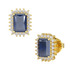 Rectangle Blue Sapphire Sunburst Earrings Yellow Gold Front & Side View
