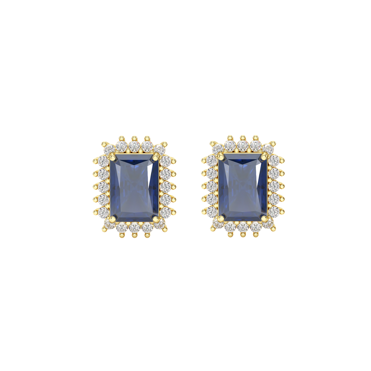 Rectangular Blue Sapphire Sunburst Earrings in yellow gold, front view