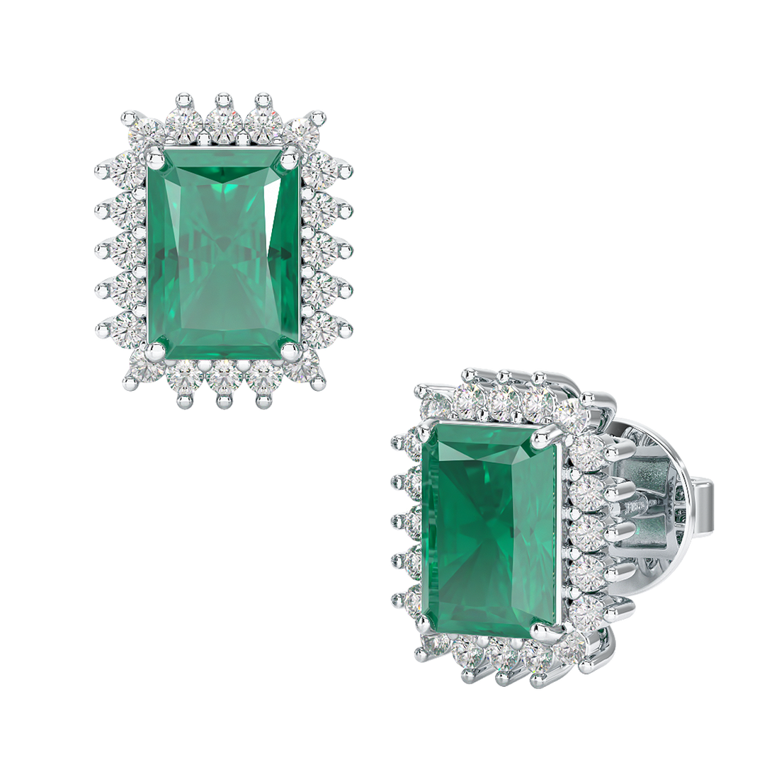 Rectangle Emerald Sunburst Earrings White Gold Platinum Front & Side View
