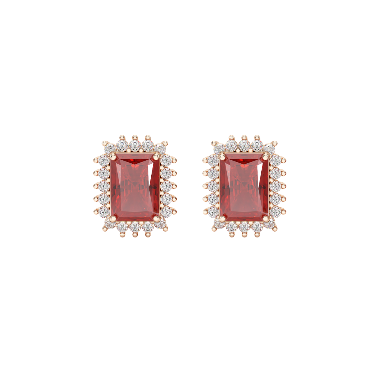 Rectangular Ruby Sunburst Earrings in rose gold, front view