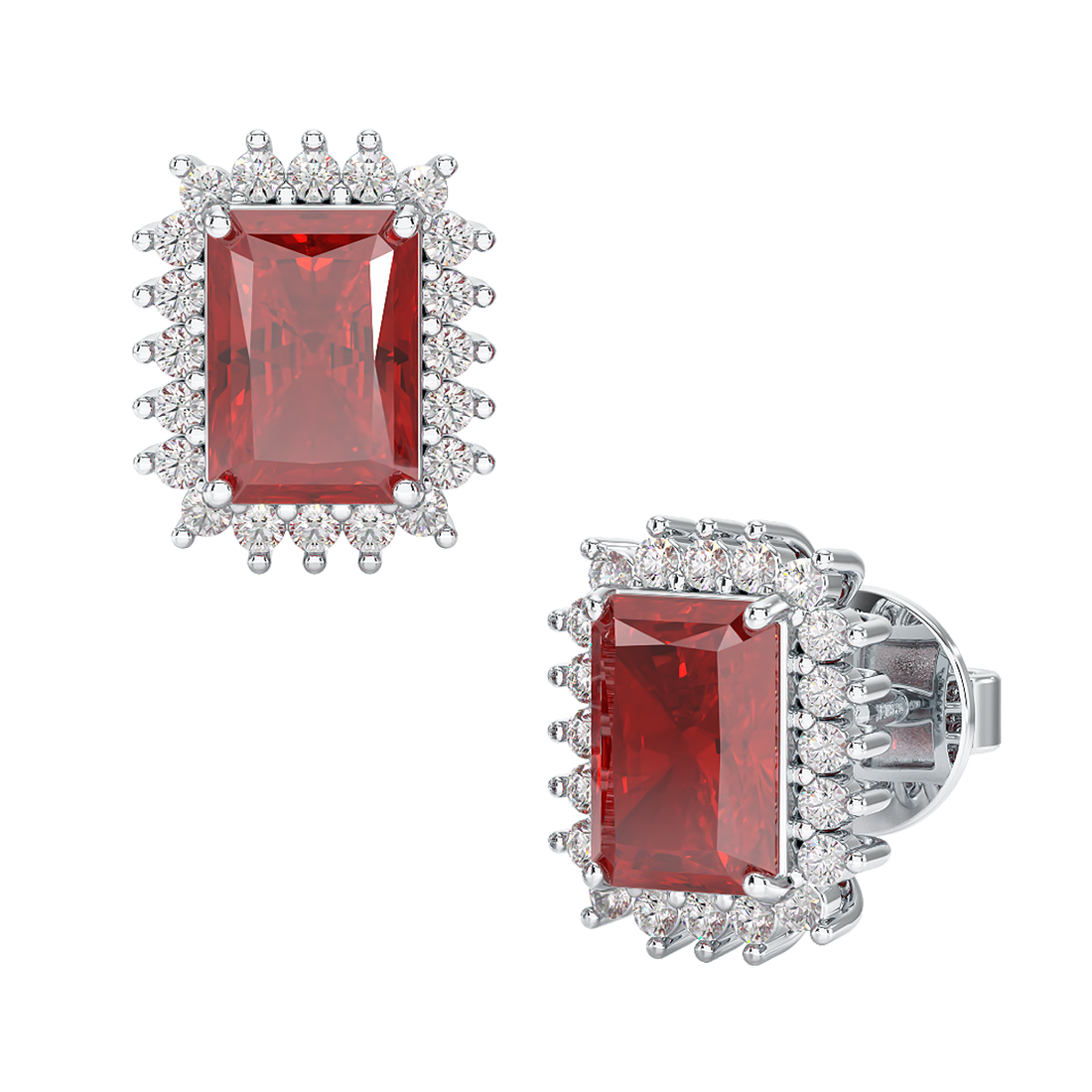 Rectangle Ruby Sunburst Earrings White Gold Platinum Front & Side View