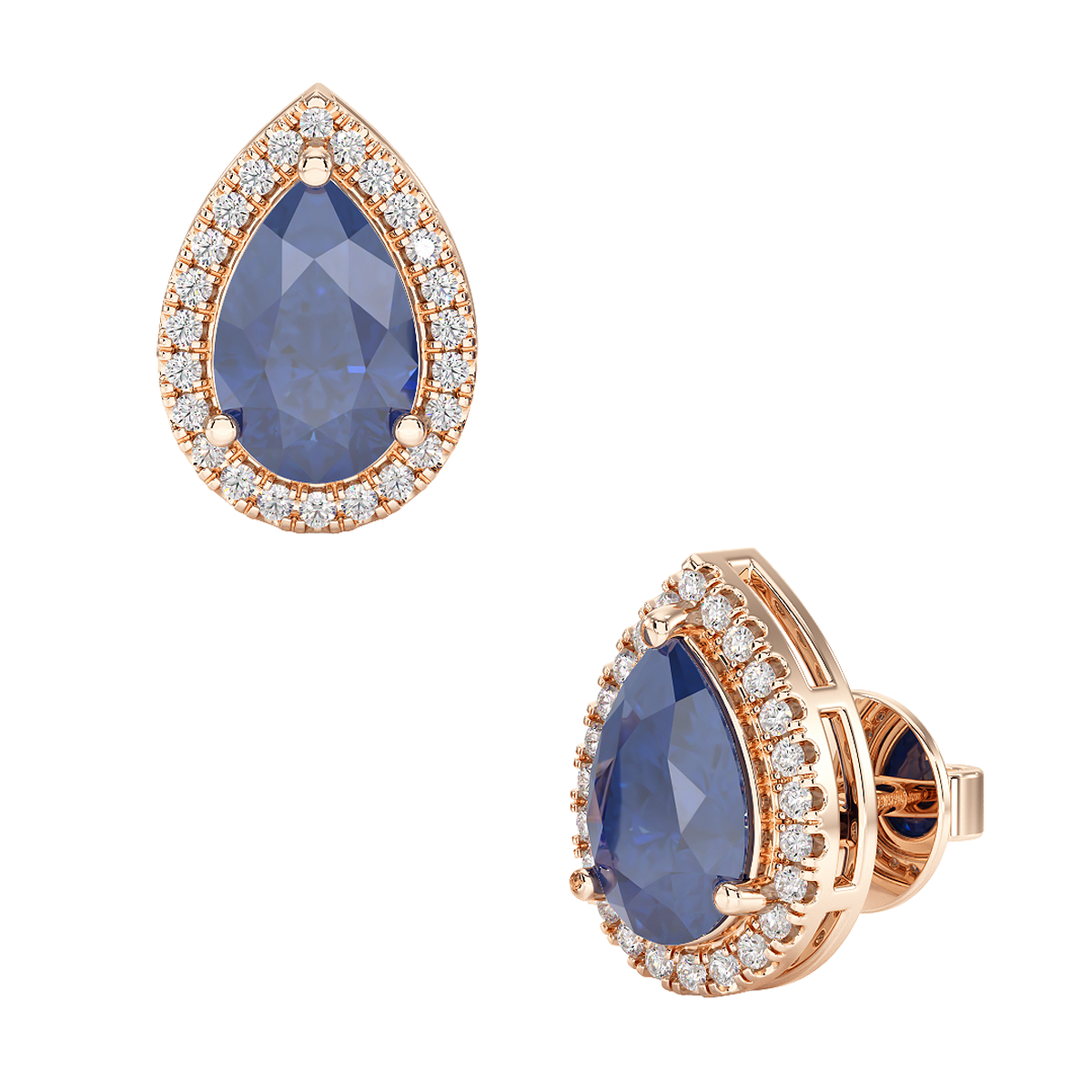 Pear Blue Sapphire Halo Earrings Rose Gold Front & Side View