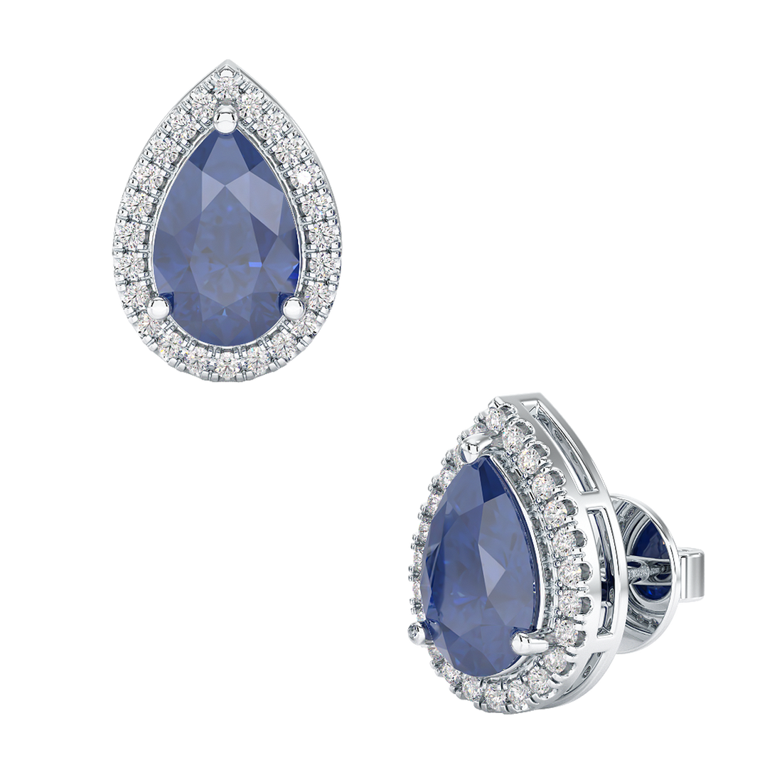 Pear Blue Sapphire Halo Earrings White Gold Platinum Front & Side View