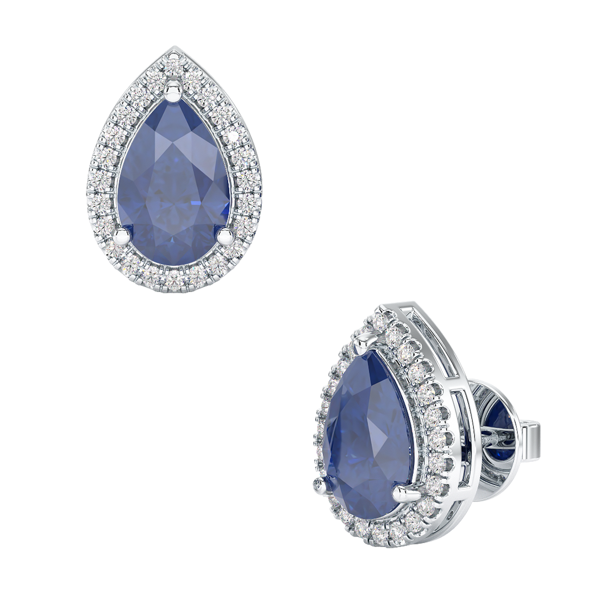 Pear Blue Sapphire Halo Earrings White Gold Platinum Front & Side View