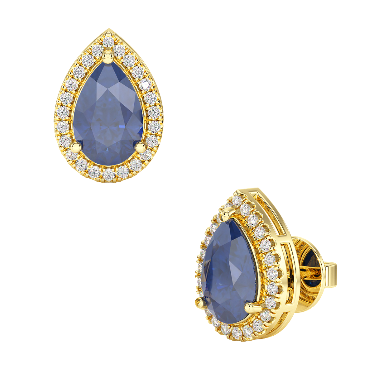 Pear Blue Sapphire Halo Earrings Yellow Gold Front & Side View