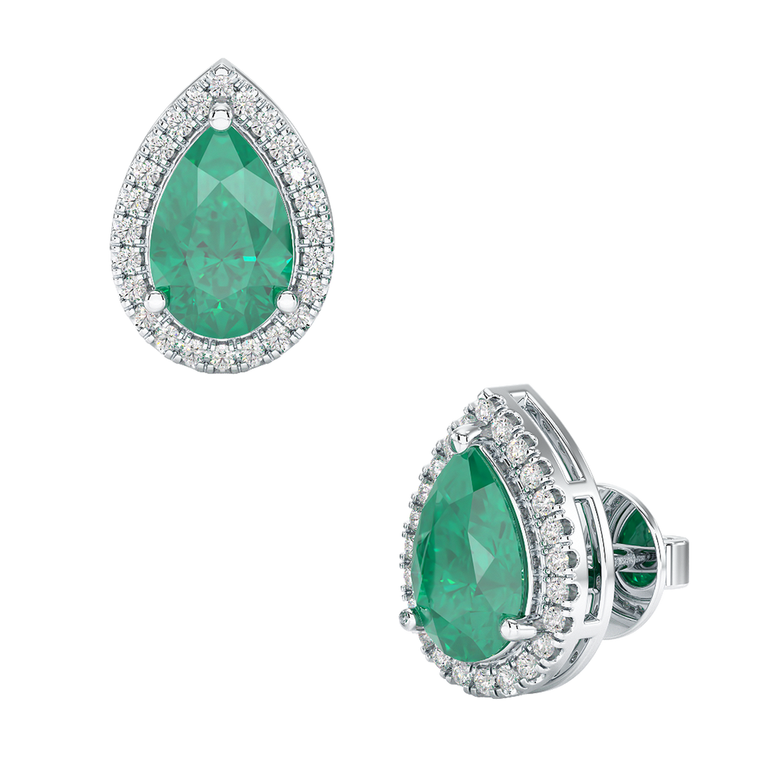 Pear Emerald Halo Earrings White Gold Platinum Front & Side View