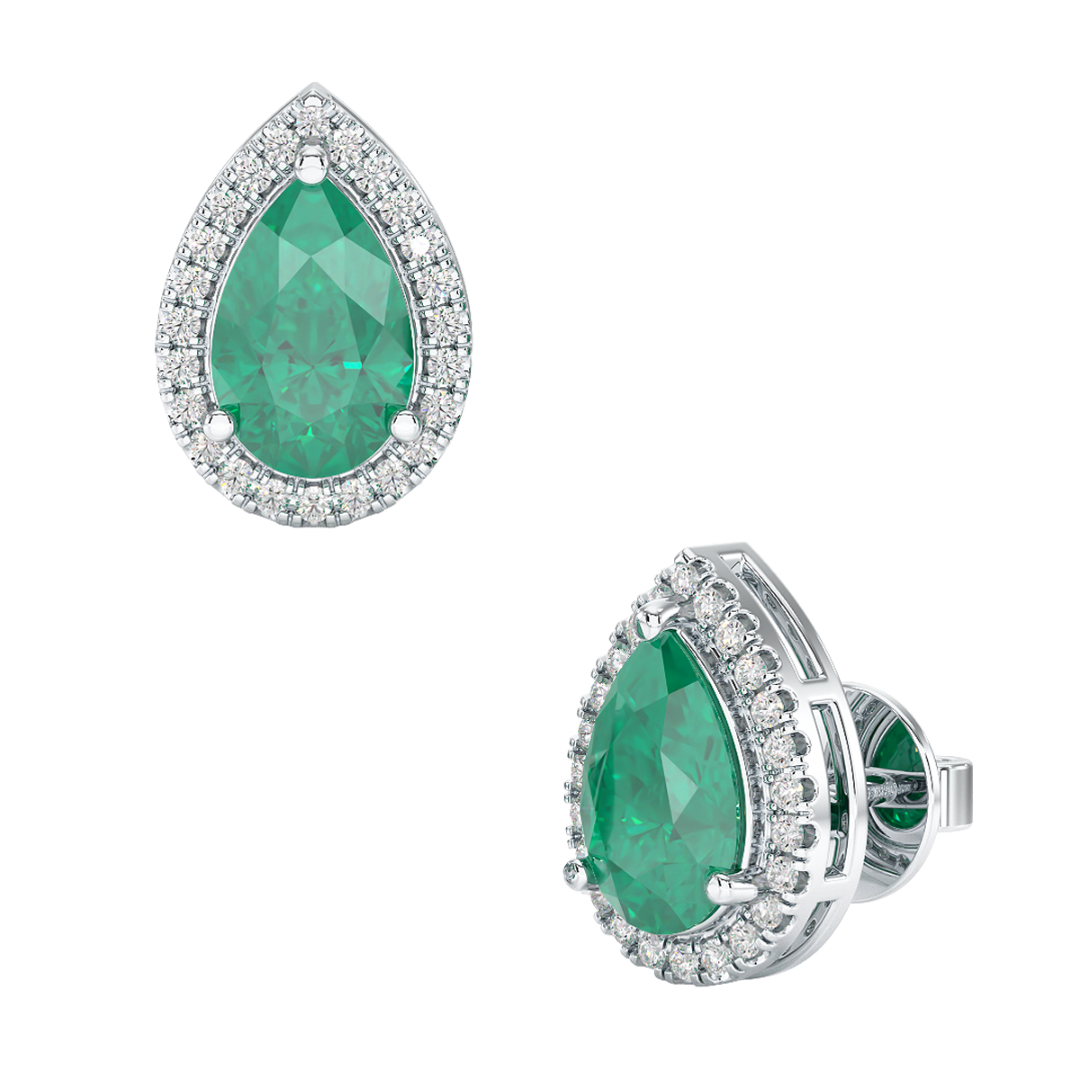 Pear Emerald Halo Earrings White Gold Platinum Front & Side View