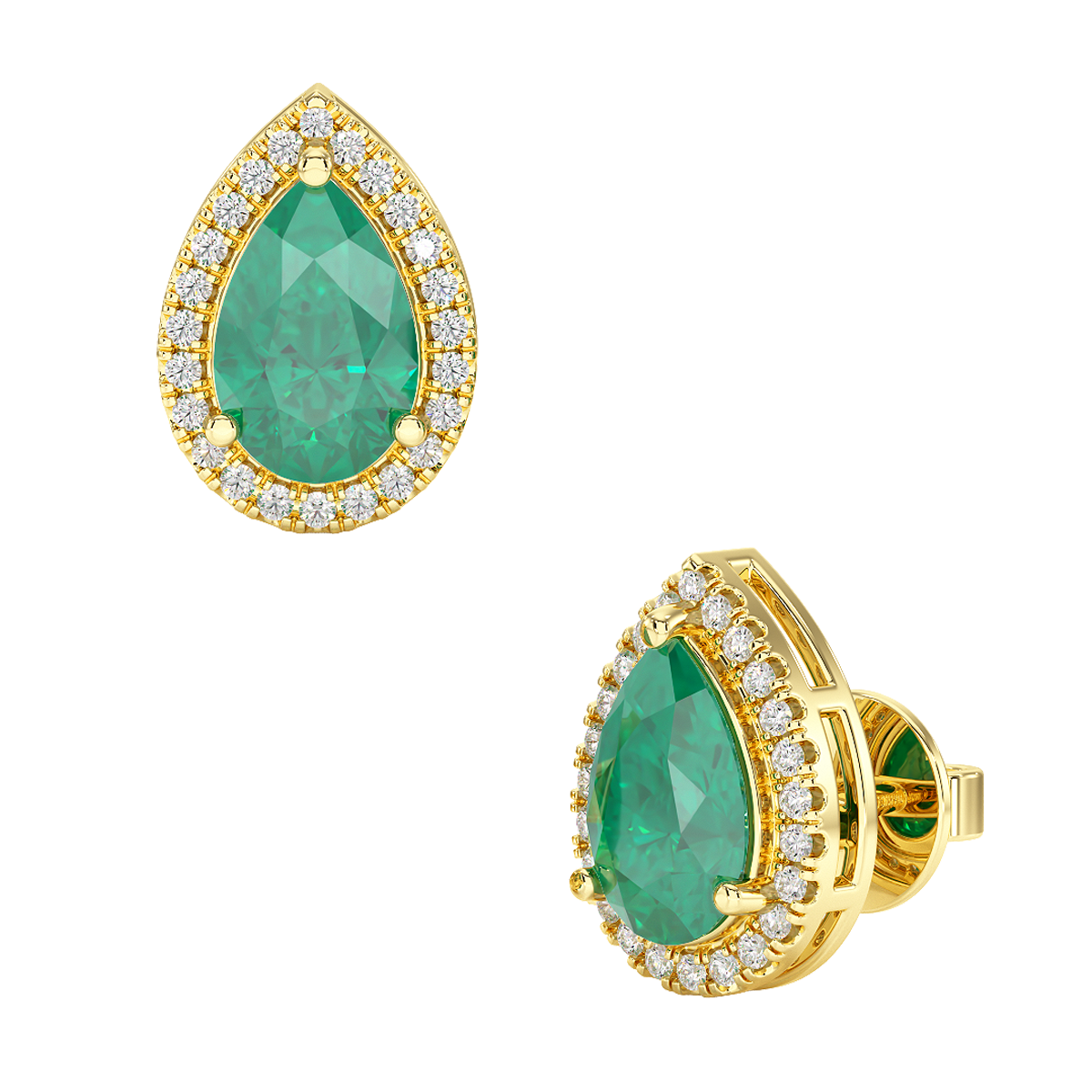 Pear Emerald Halo Earrings Yellow Gold Front & Side View
