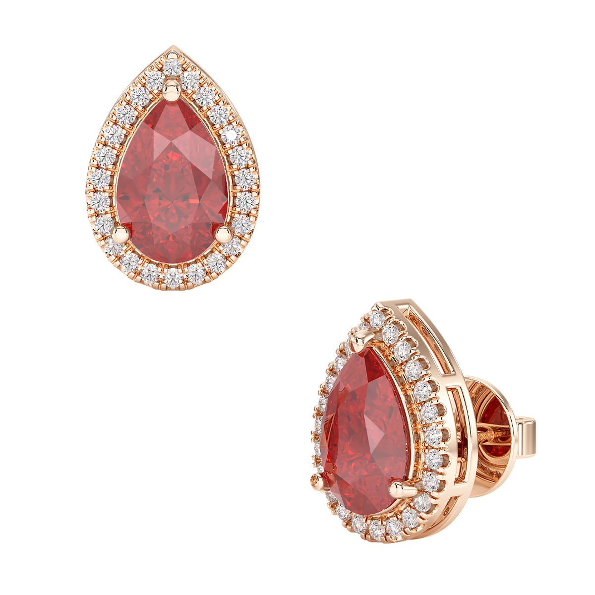 Pear Ruby Halo Earrings Rose Gold Front & Side View