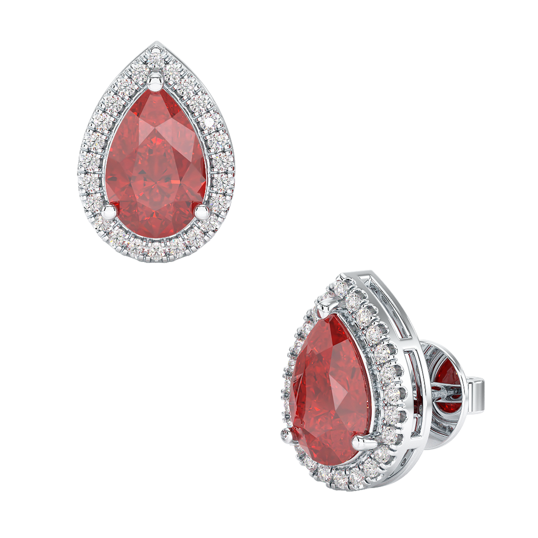 Pear Ruby Halo Earrings White Gold Platinum Front & Side View