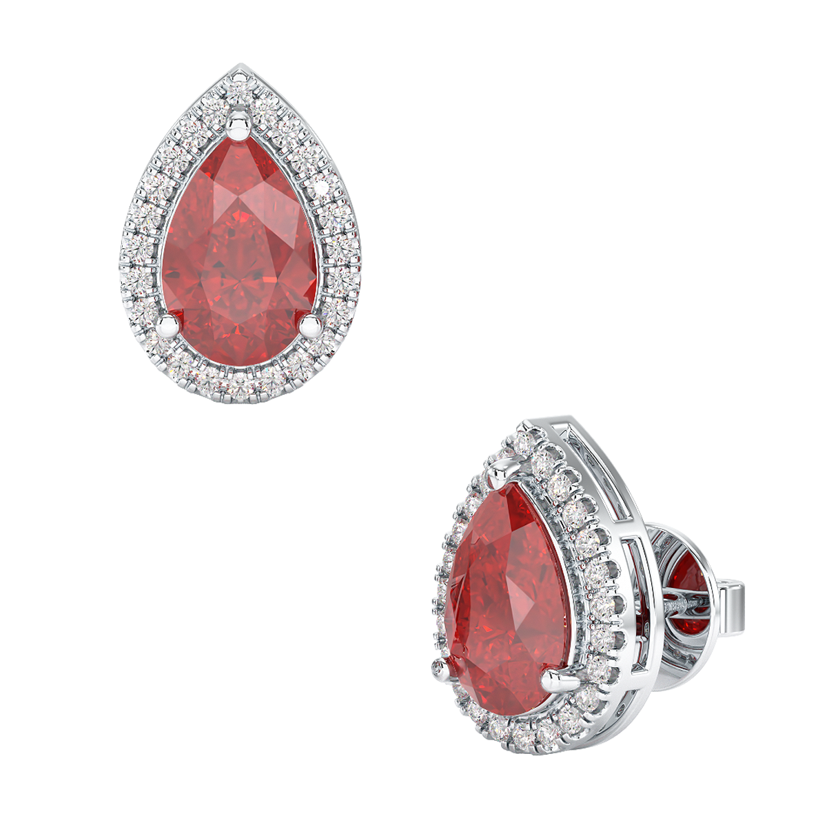 Pear Ruby Halo Earrings White Gold Platinum Front & Side View