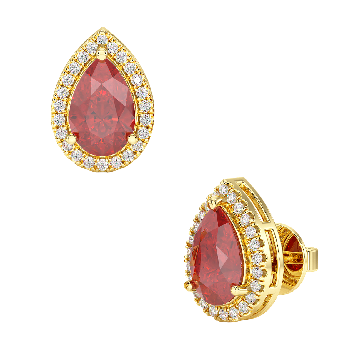 Pear Ruby Halo Earrings Yellow Gold Front & Side View