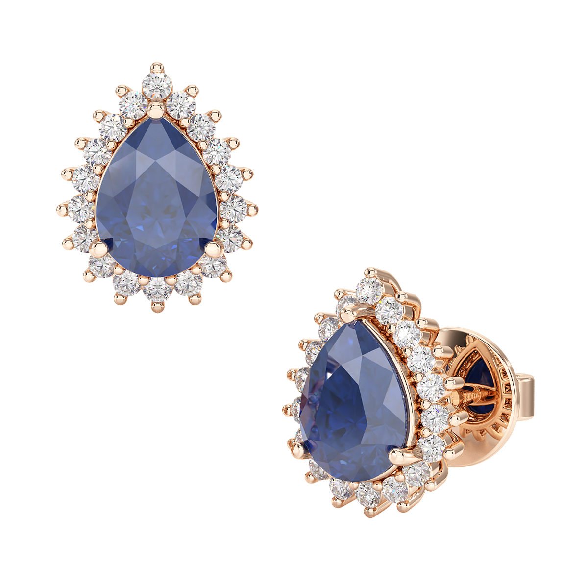 Pear Blue Sapphire Sunburst Earrings Rose Gold Front & Side View