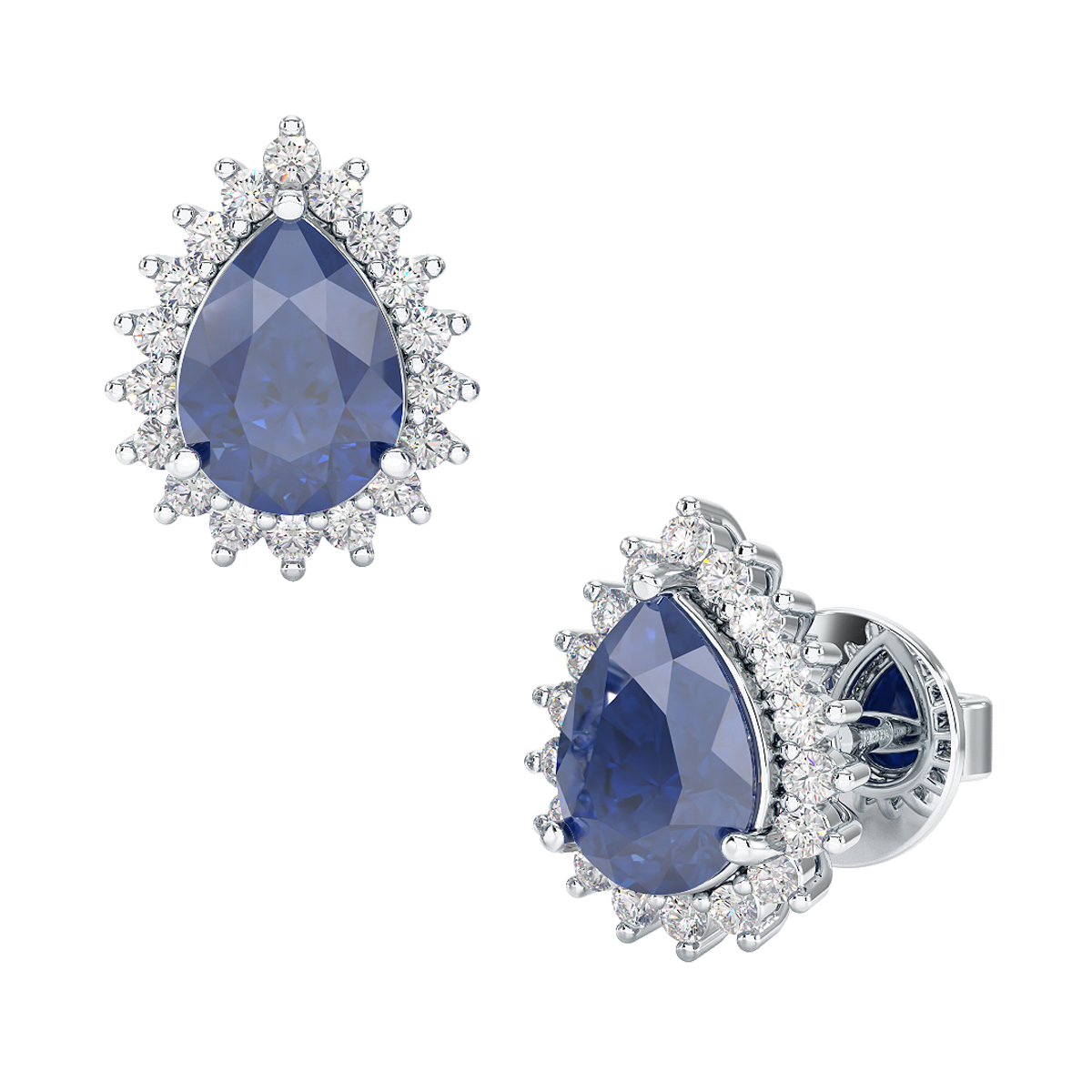 Pear Blue Sapphire Sunburst Earrings White Gold Platinum Front & Side View