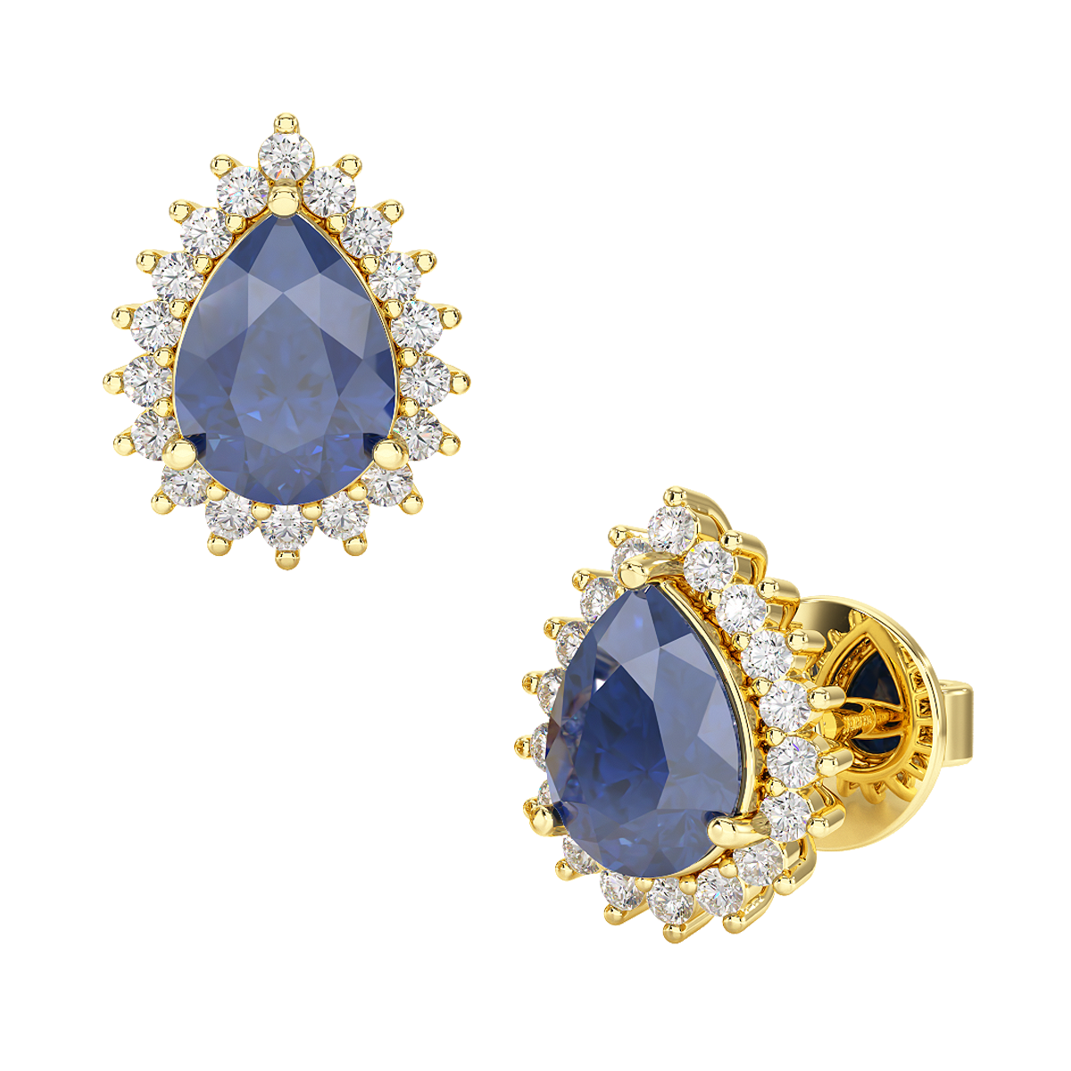 Pear Blue Sapphire Sunburst Earrings Yellow Gold Front & Side View