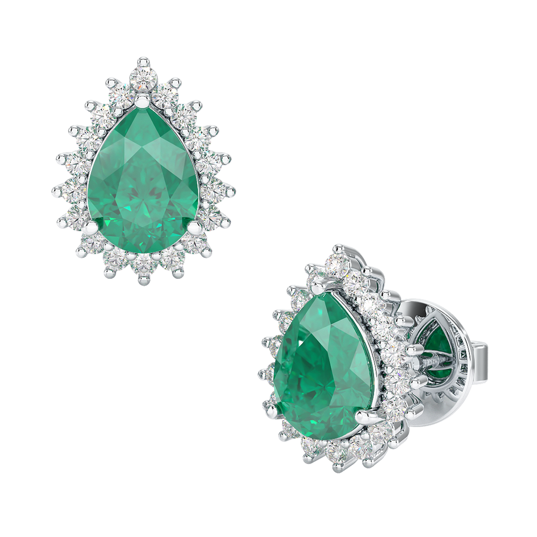 Pear Emerald Sunburst Earrings White Gold Platinum Front & Side View