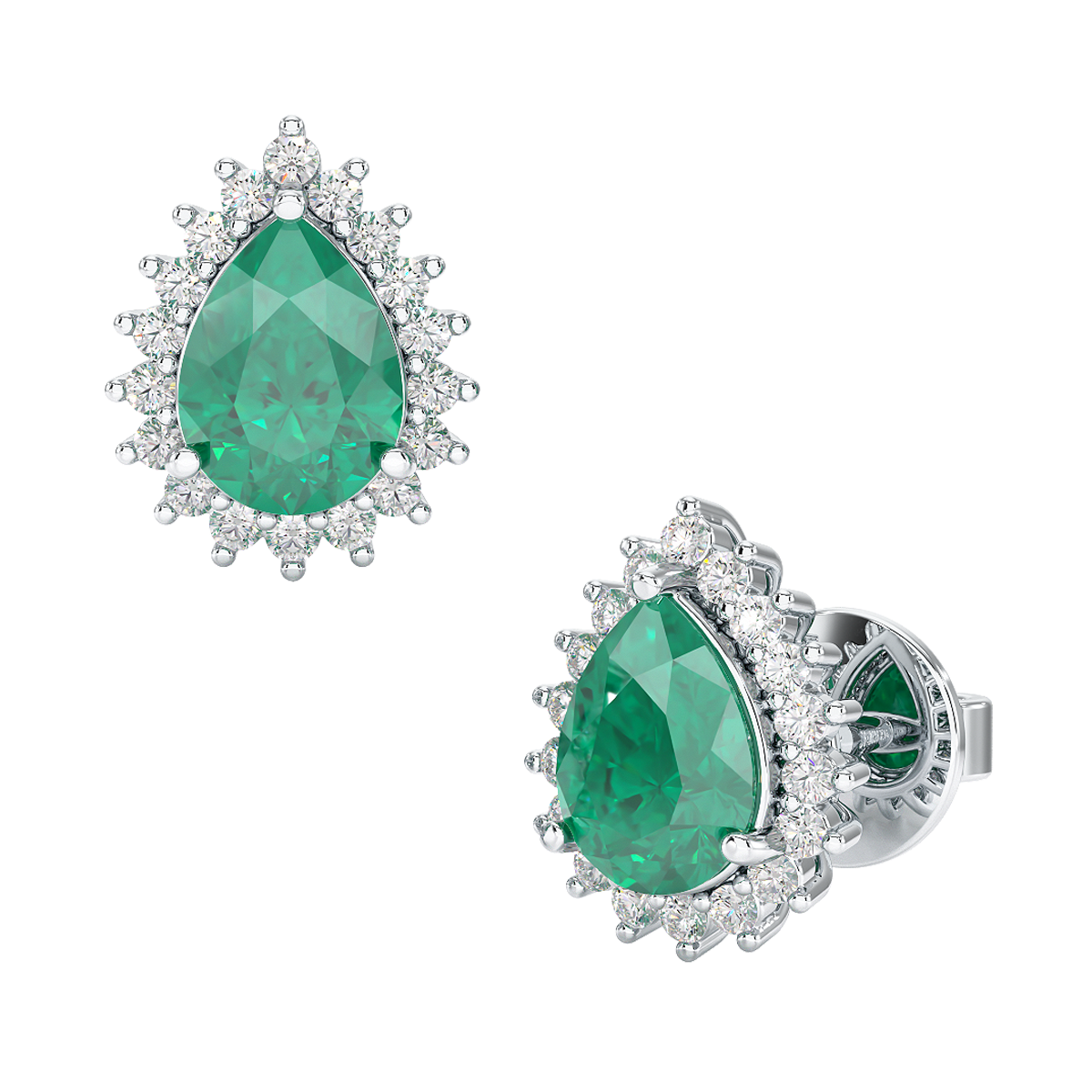Pear Emerald Sunburst Earrings White Gold Platinum Front & Side View