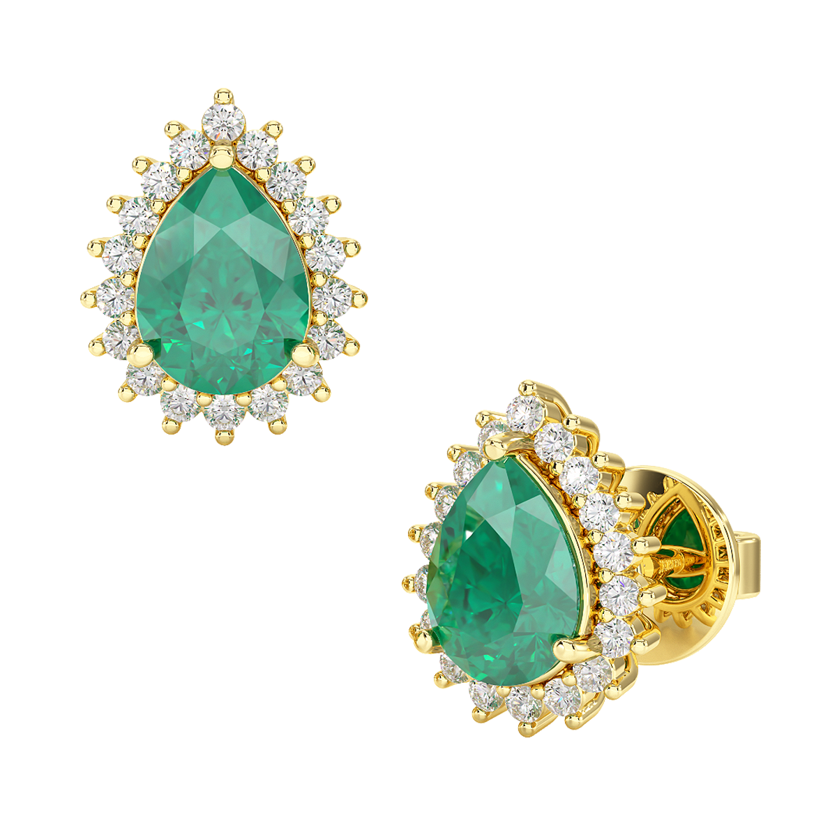 Pear Emerald Sunburst Earrings Yellow Gold Front & Side View