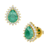Pear Emerald Sunburst Earrings Yellow Gold Front & Side View