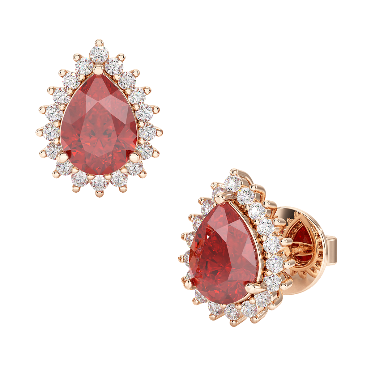 Pear Ruby Sunburst Earrings Rose Gold Front & Side View