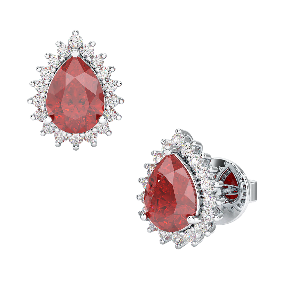 Pear Ruby Sunburst Earrings White Gold Platinum Front & Side View