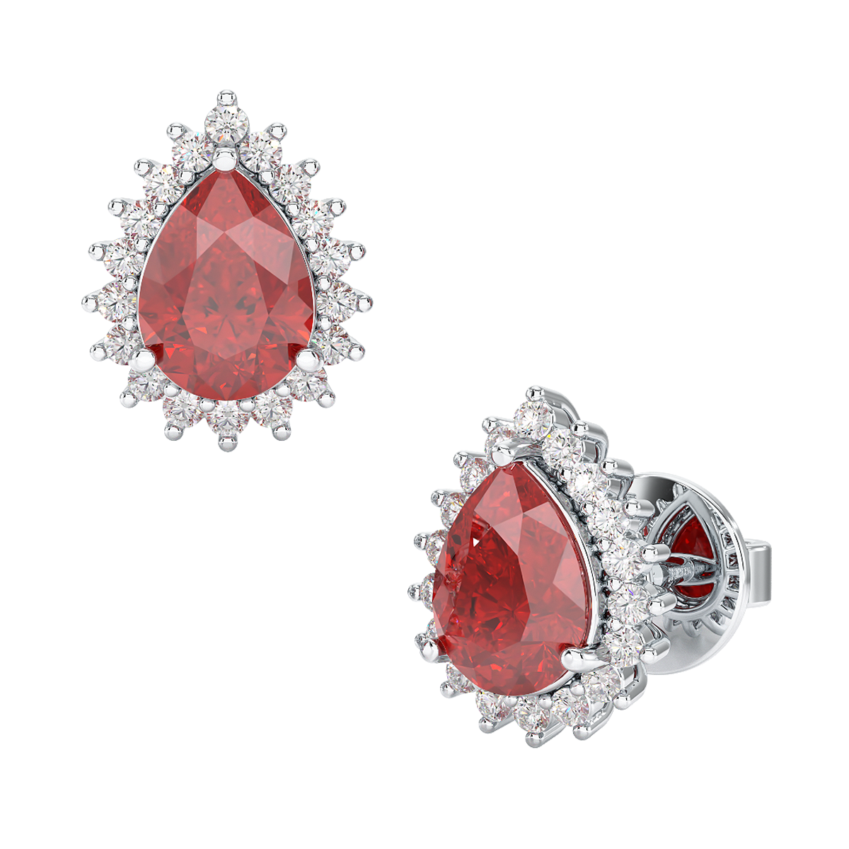 Pear Ruby Sunburst Earrings White Gold Platinum Front & Side View