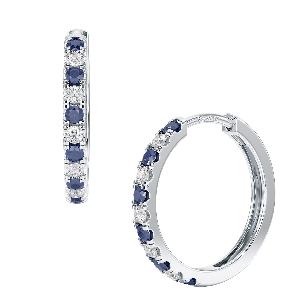 Blue Sapphire Hoop Earrings White Gold Platinum Front & Side View