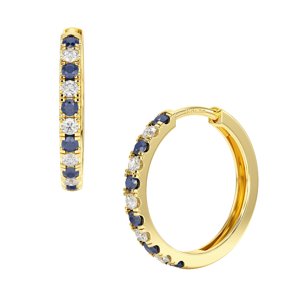 Blue Sapphire Hoop Earrings Yellow Gold Front & Side View