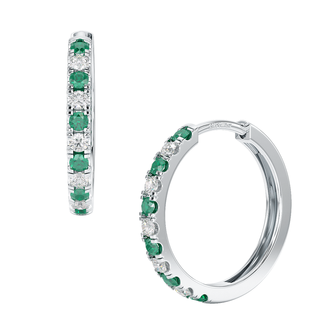Emerald Hoop Earrings White Gold Platinum Front & Side View