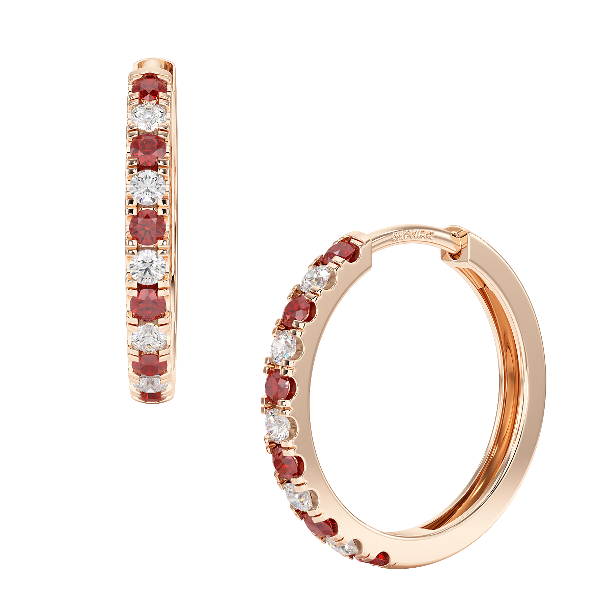 Ruby Hoop Earrings Rose Gold Front & Side View