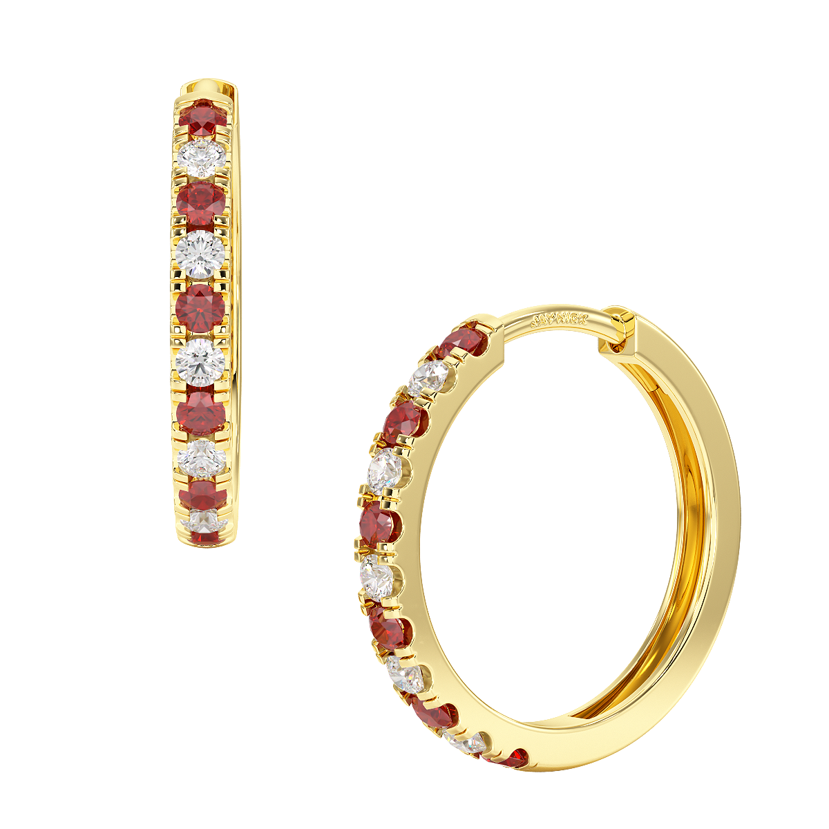 Ruby Hoop Earrings Yellow Gold Front & Side View