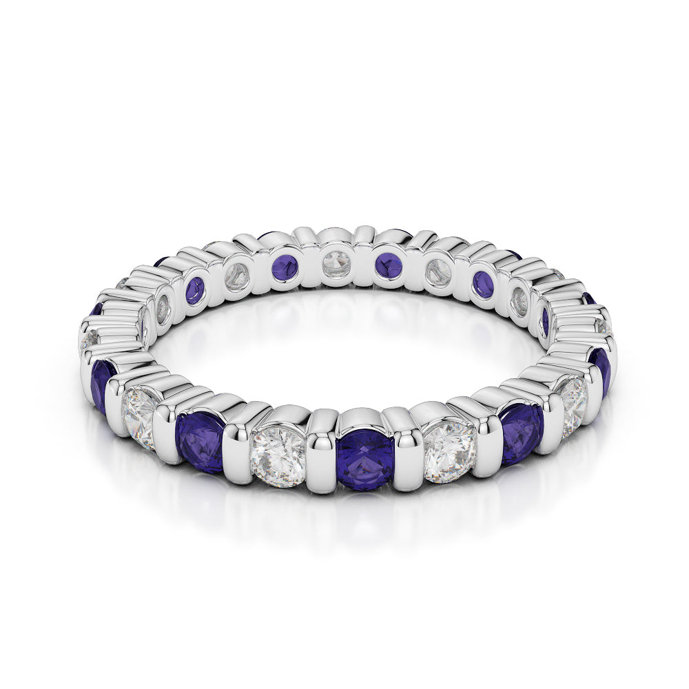 1.50ct Diamond & Blue Sapphire Bar Set Full Eternity Ring 18K White Gold