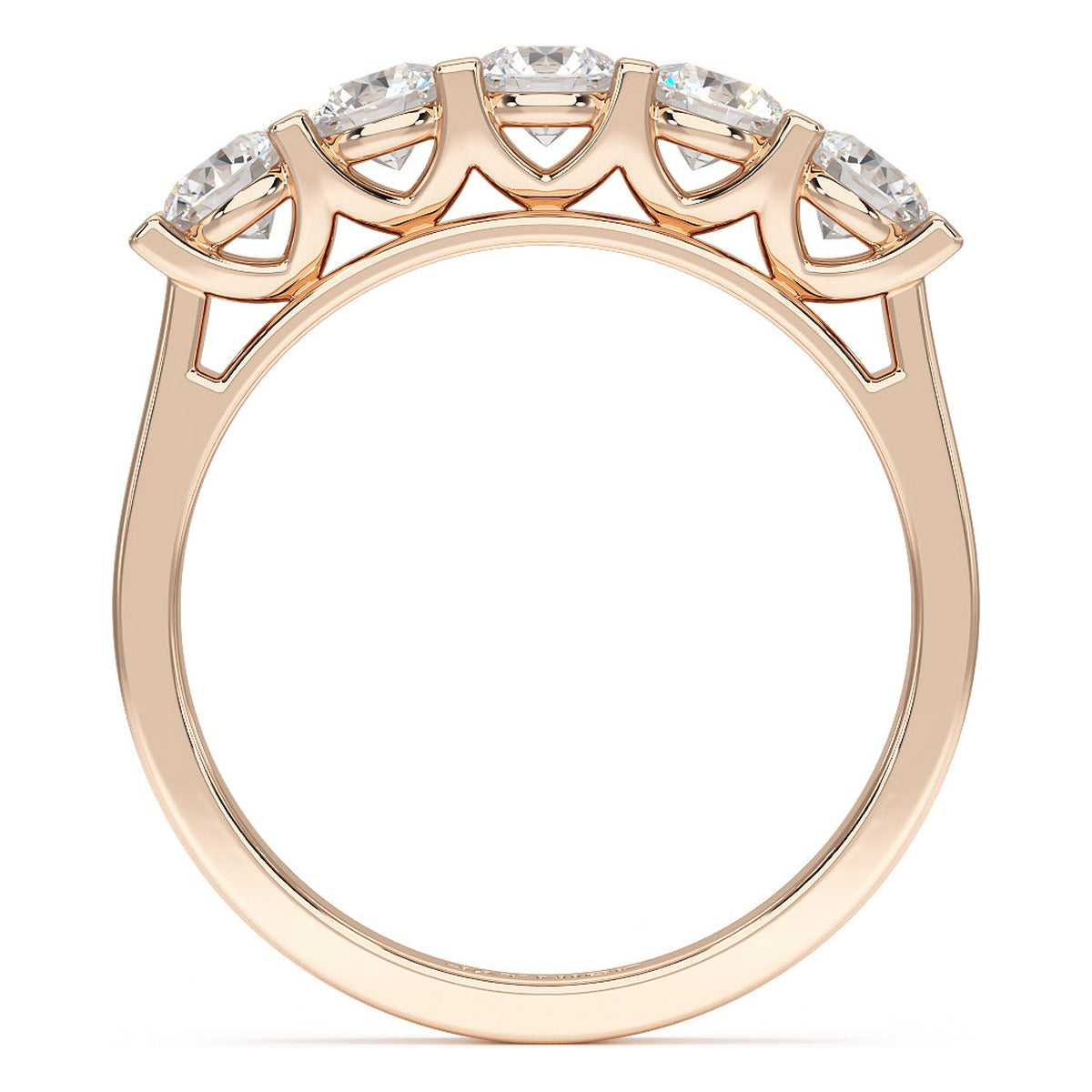 Round Cut V Set Five Stone Ring in rose gold, flat view