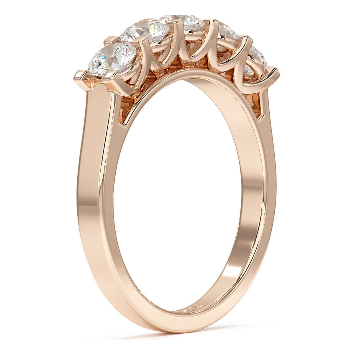 Round Cut V Set Five Stone Ring in rose gold, side view