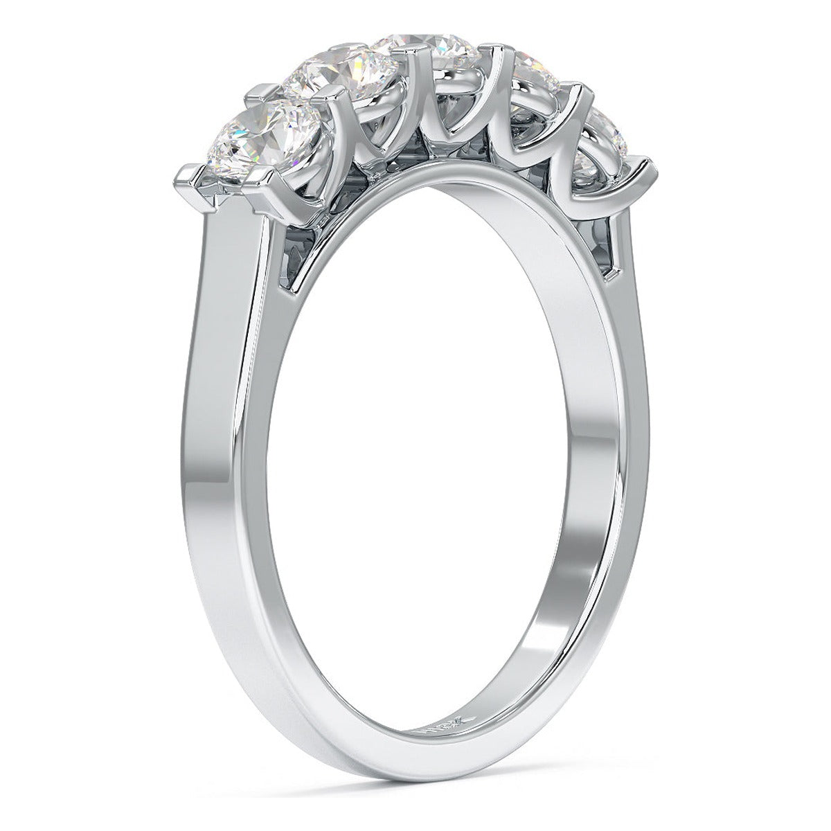 Round Cut V Set Five Stone Ring in white gold or platinum, side view