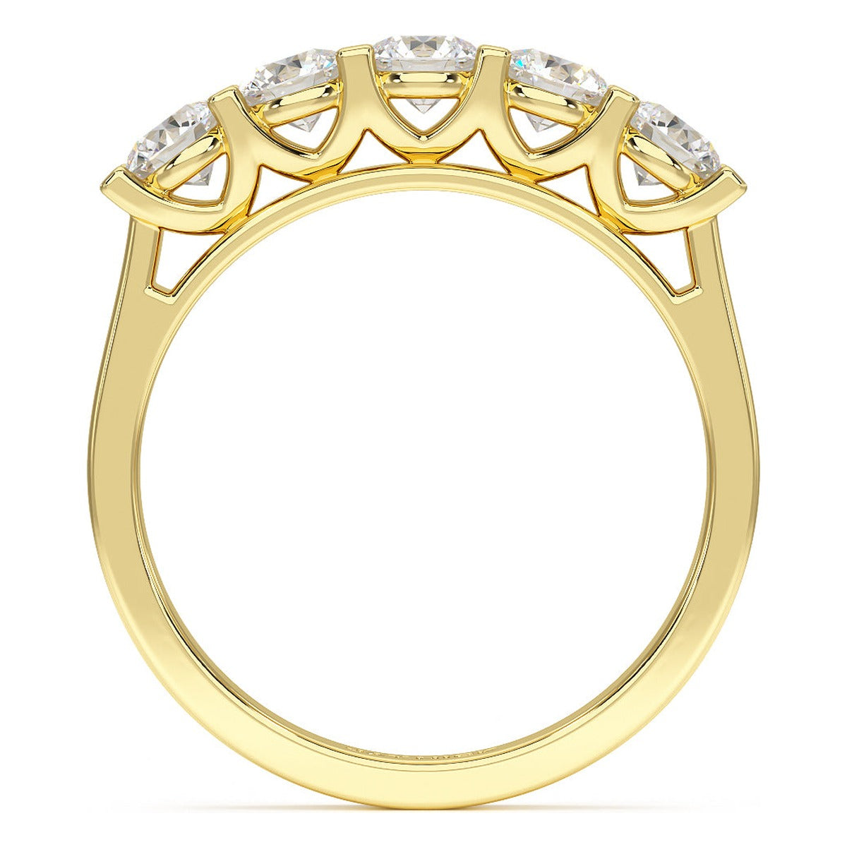 Round Cut V Set Five Stone Ring in yellow gold, flat view