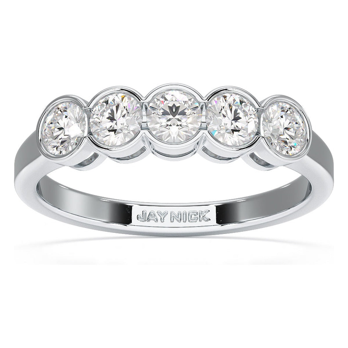 Round Cut Bezel Set Five Stone Ring in white gold or platinum, top view