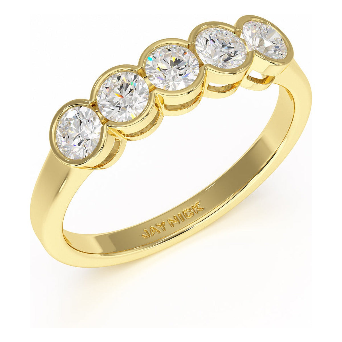 Round Cut Bezel Set Five Stone Ring in yellow gold, perspective view
