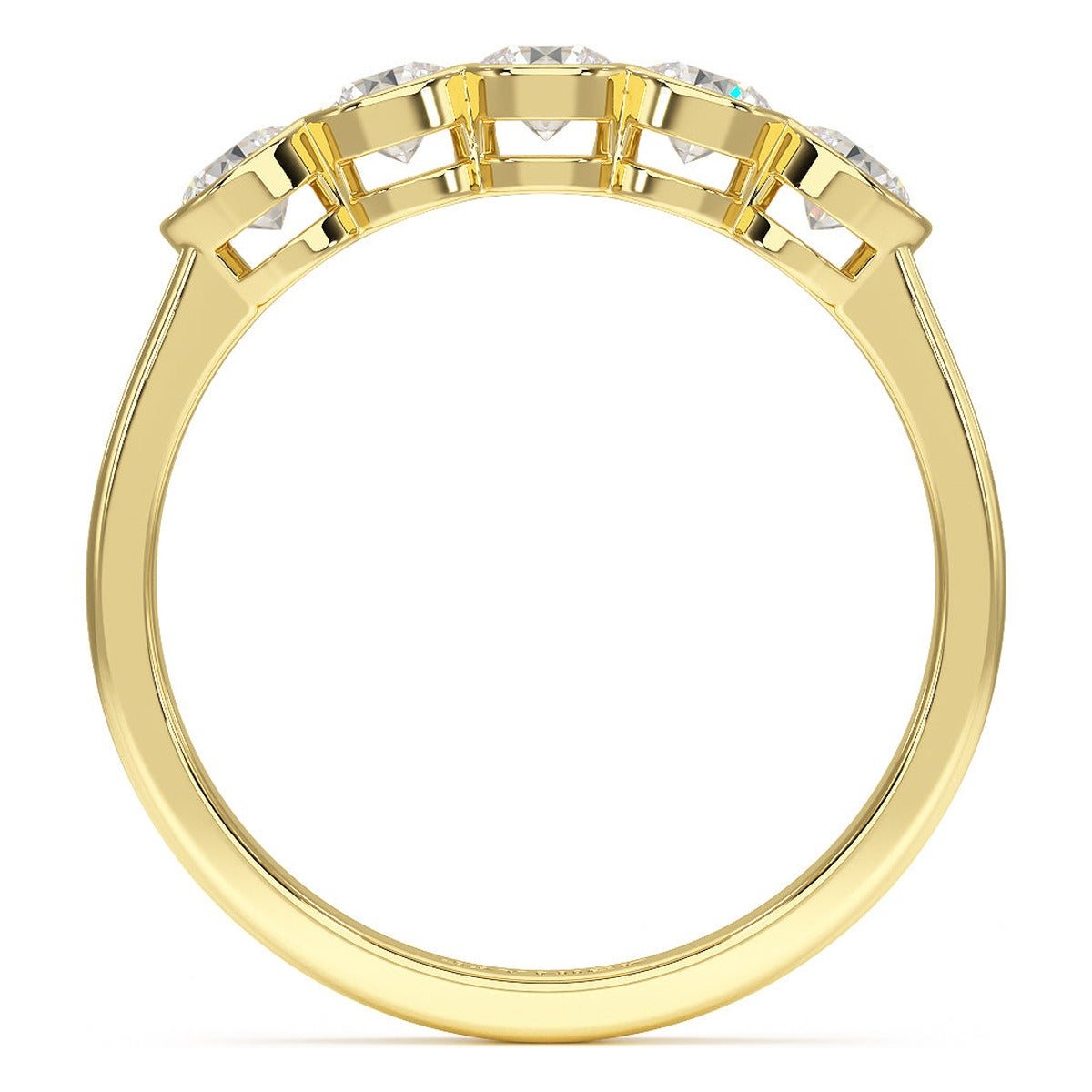 Round Cut Bezel Set Five Stone Ring in yellow gold, flat view