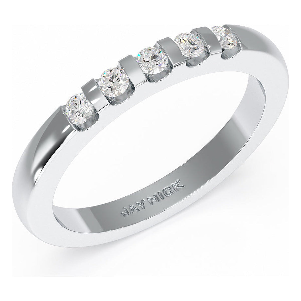 Round Cut Channel Set Five Stone Ring in white gold or platinum, perspective view
