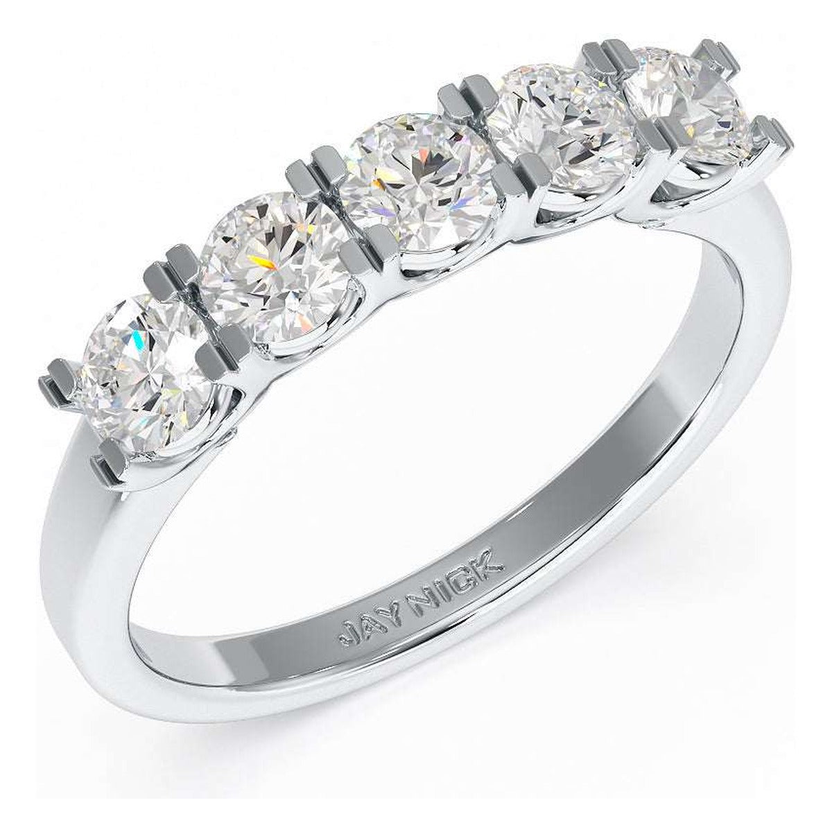 Round Cut U Set Five Stone Ring in white gold or platinum, perspective view