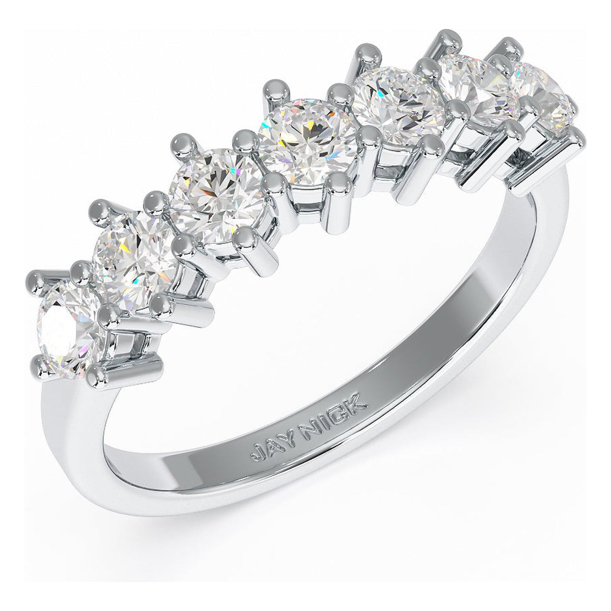 Round Cut Seven Stone Ring in white gold or platinum, perspective view