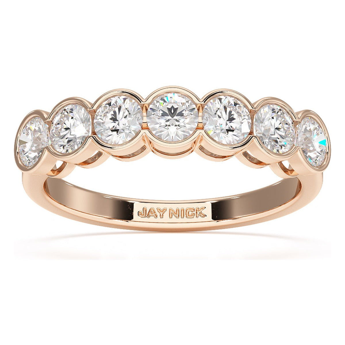 Round Cut Bezel Set Seven Stone Ring in rose gold, top view