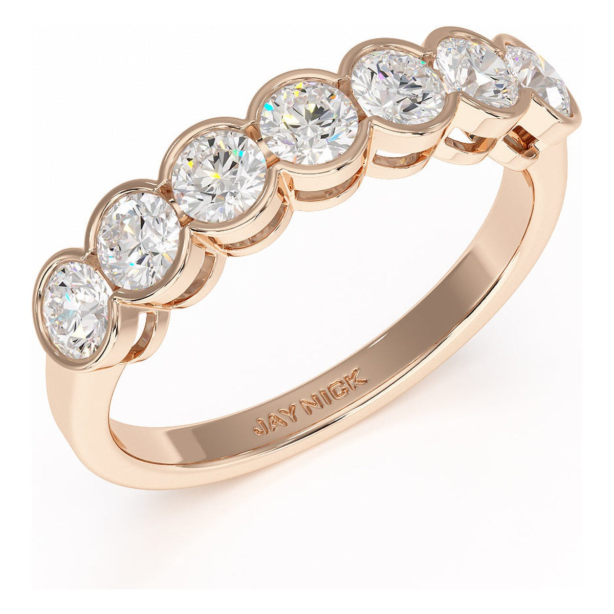 Round Cut Bezel Set Seven Stone Ring in rose gold, perspective view