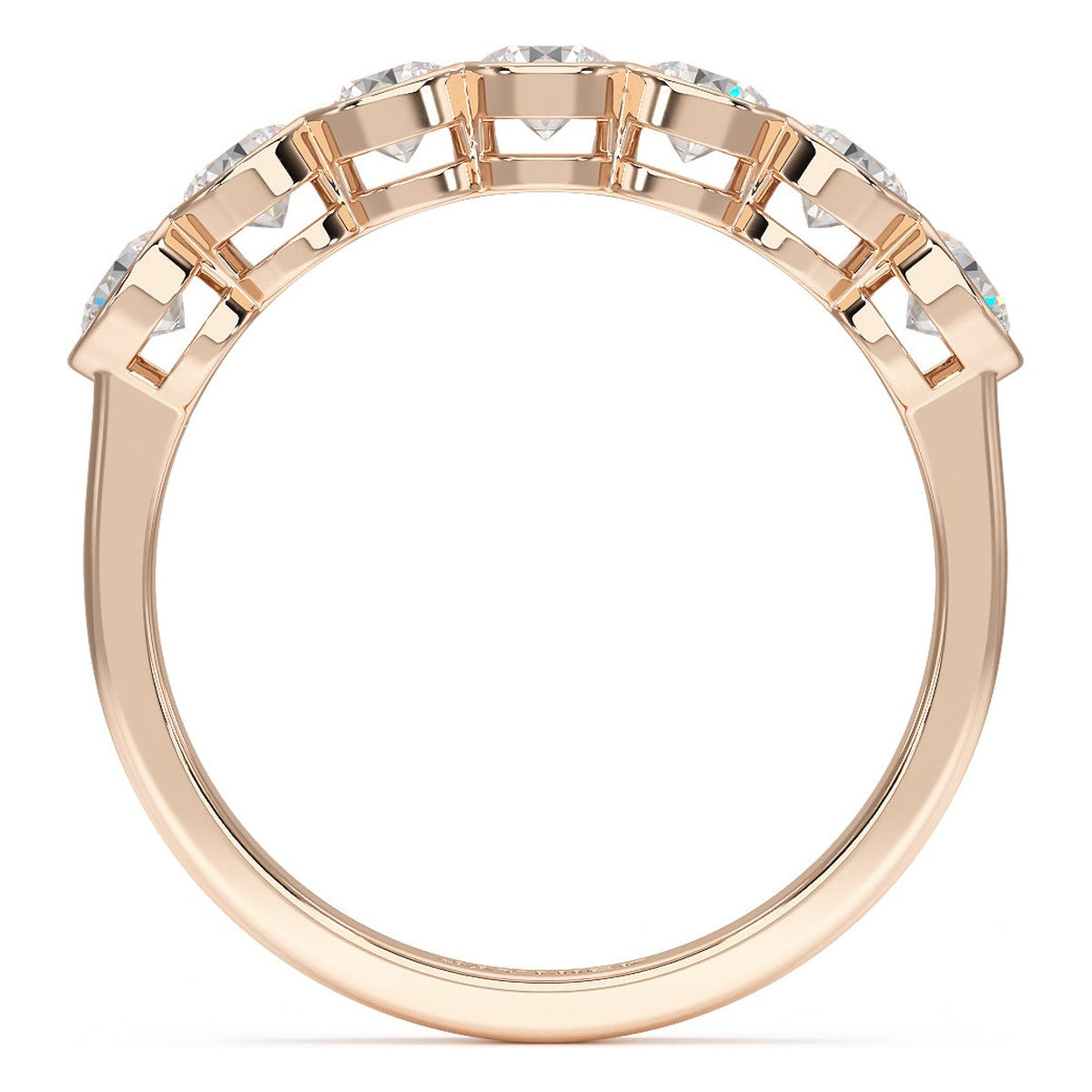 Round Cut Bezel Set Seven Stone Ring in rose gold, flat view