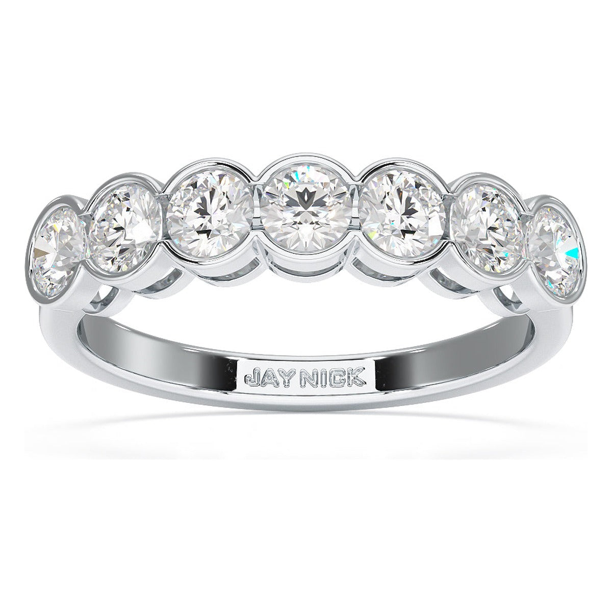 Round Cut Bezel Set Seven Stone Ring in white gold or platinum, top view